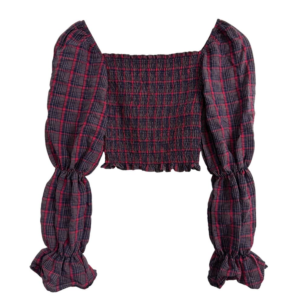 Zara Blue Red Plaid Puff Sleeve Smocked Cropped Top Size XS